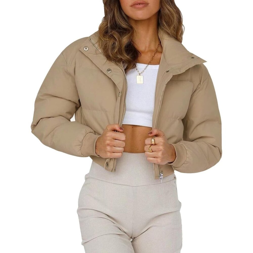 〽️Women's Khaki Gihuo Cropped Puffer Warm Winter Padded Bubble Jacket